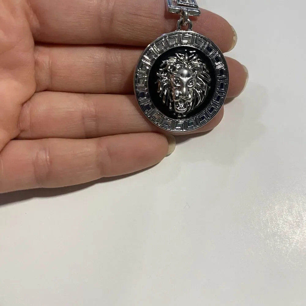Silver Tone Greek Meander Link Necklace with Black Lion Medallion Pendant Charm